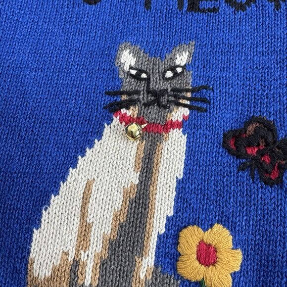 Vtg Quacker Factory, A Cat Is A Cat Cardigan Knit Sweater M Button Bell - Picture 4 of 12